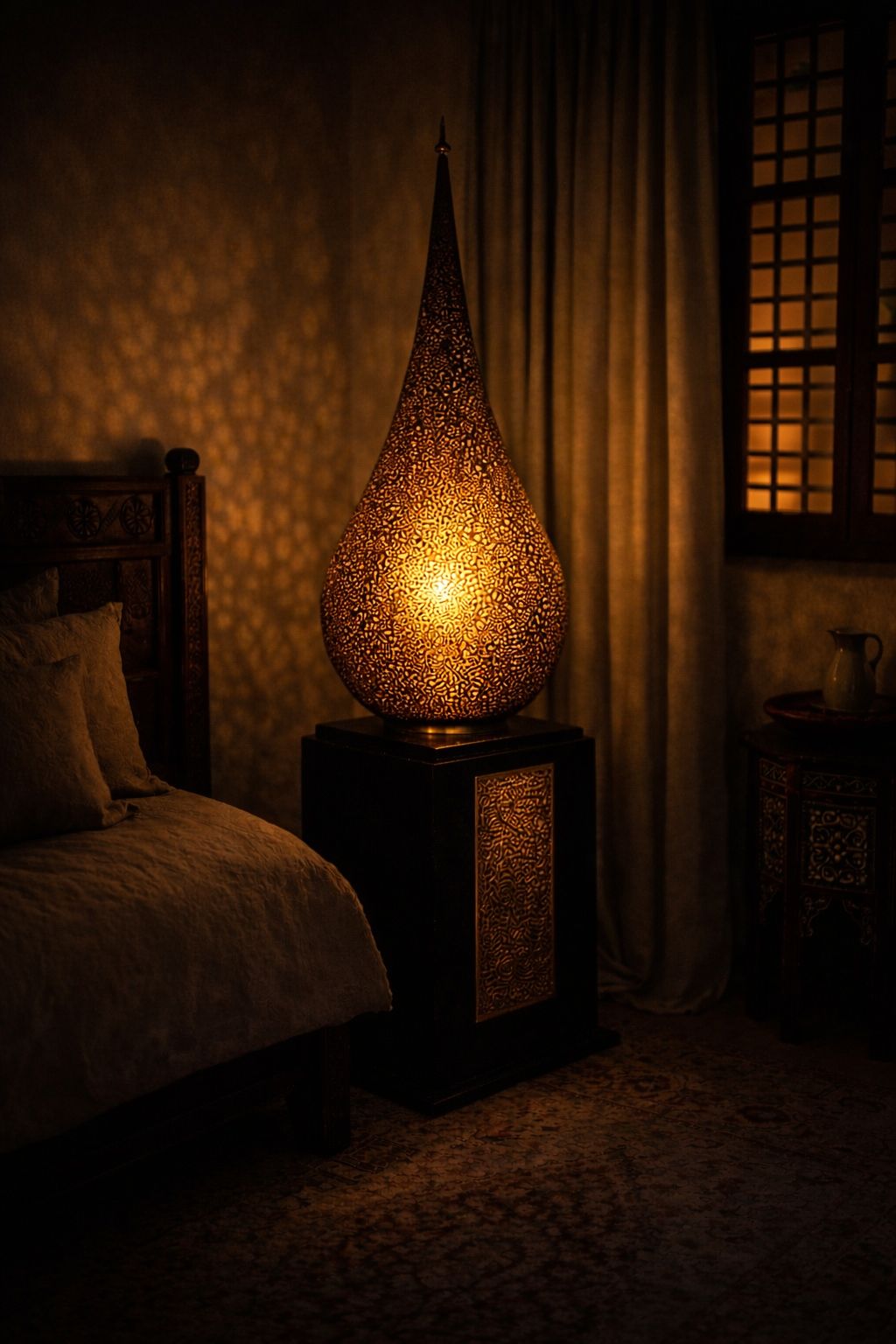 Lantern lampshade with wooden base and engraved copper plates