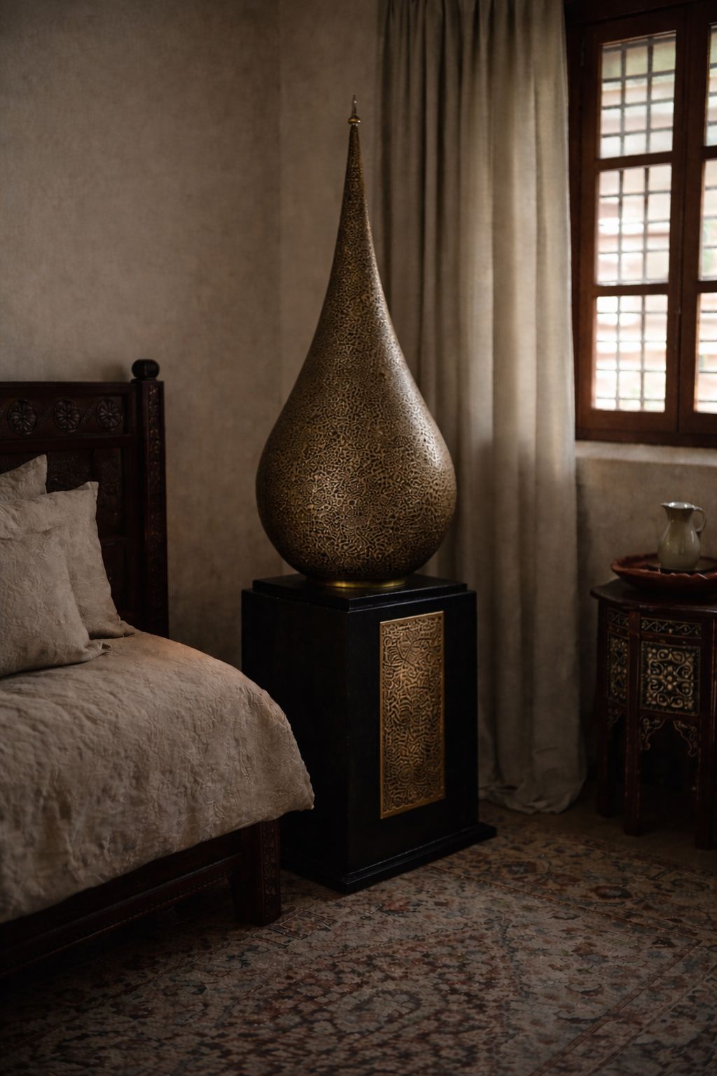 Lantern lampshade with wooden base and engraved copper plates