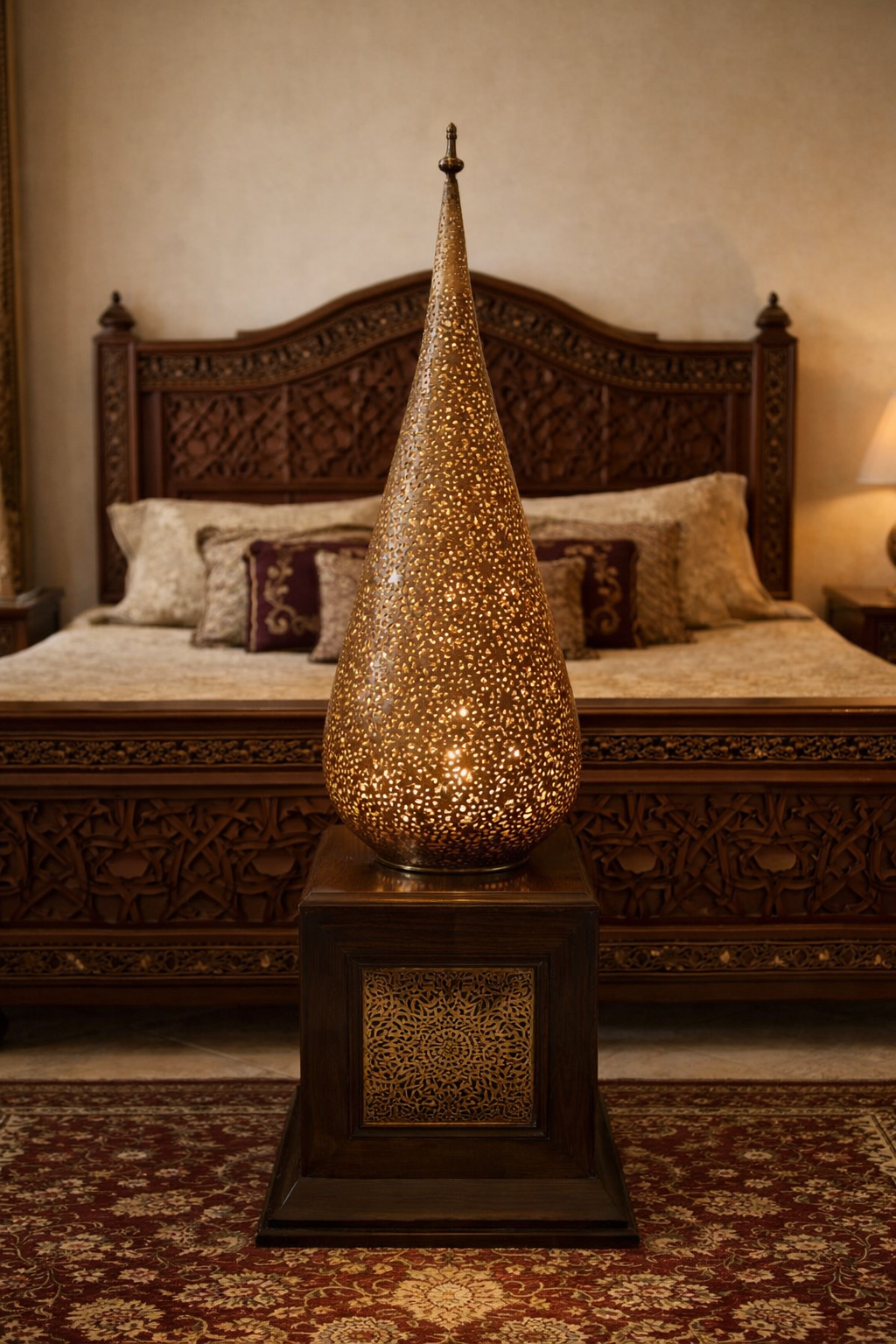 Lantern lampshade with wooden base and engraved copper plates