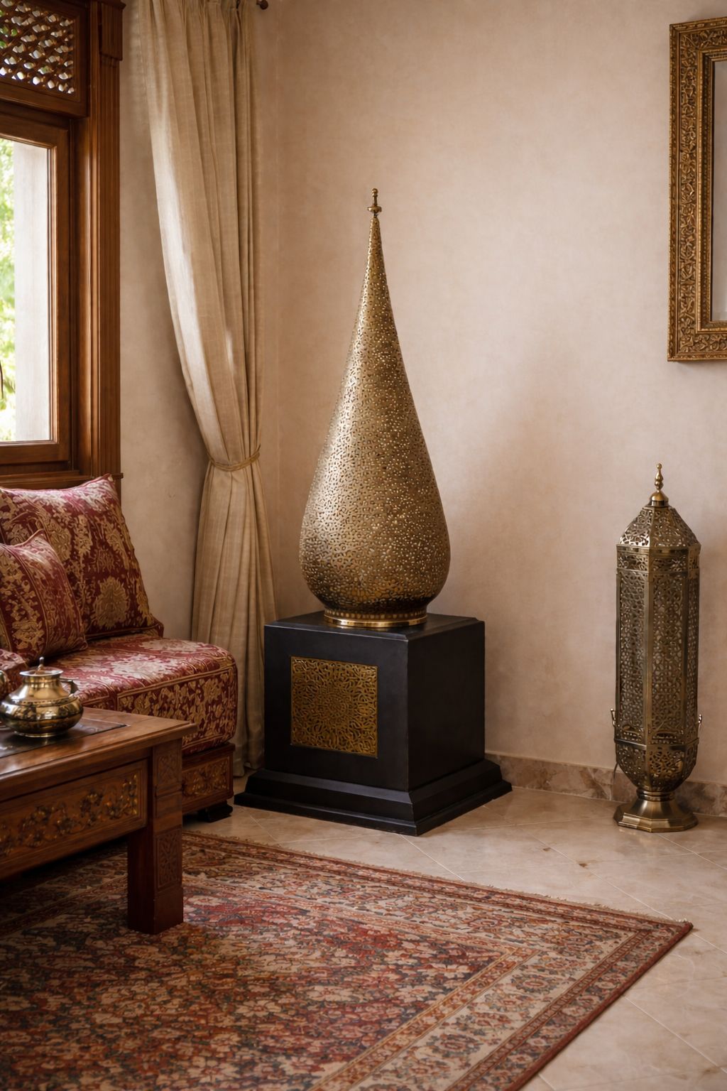 Lantern lampshade with wooden base and engraved copper plates