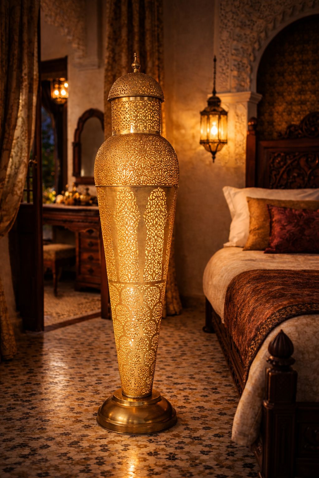 Engraved copper lampshade for floor lamp base