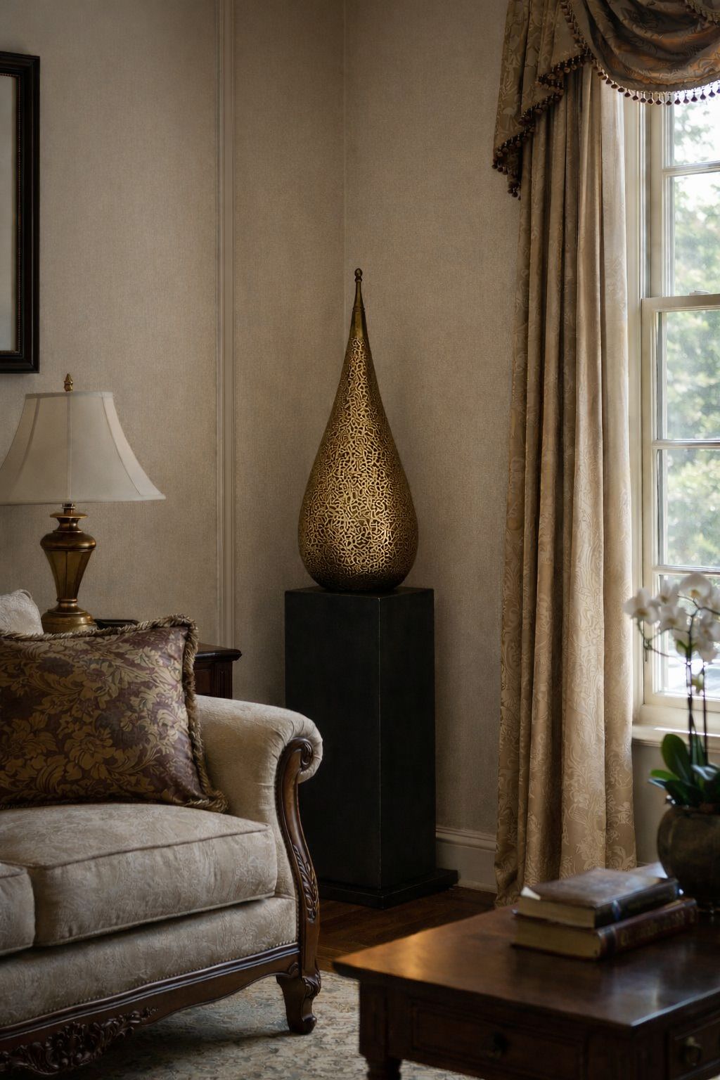 Lantern lampshade with wooden base