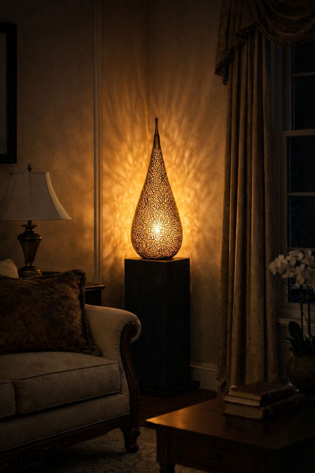 Lantern lampshade with wooden base