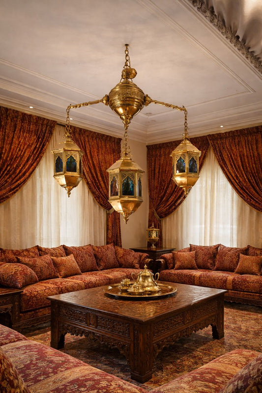 Lustre en cuivre avec phares en verre irakien