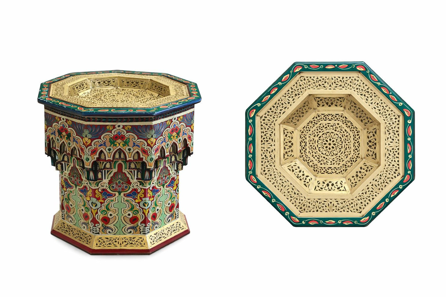 Table en cuivre et bois muqarnas