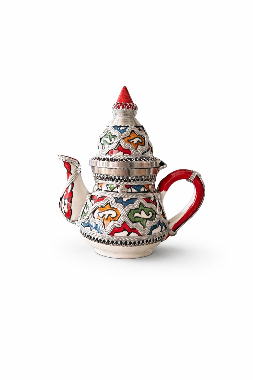 Mini théière traditionnelle décorative en poterie avec fil métallique faite main