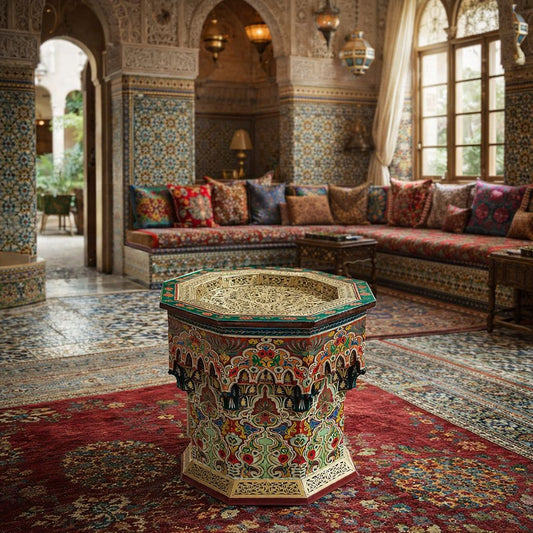 Table en cuivre et bois muqarnas